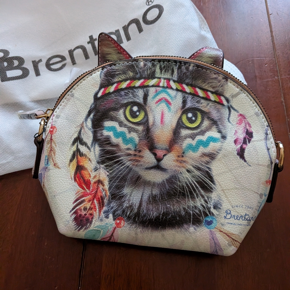 White Cat-Print Dome Crossbody Bag with Feather Accents